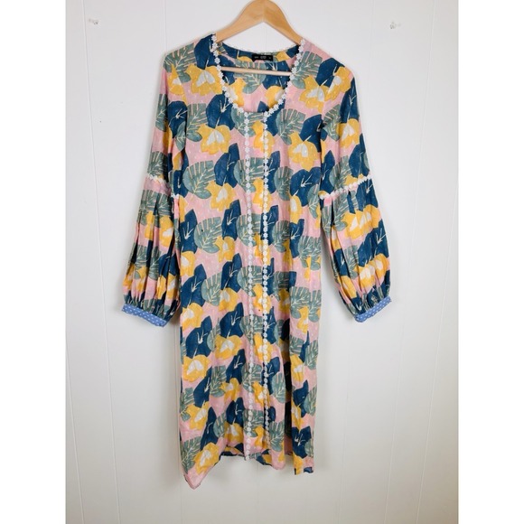 Jodi Woman India‎ Boho Block Print Midi Dress Medium Cotton Pink Multicolor - Picture 1 of 14